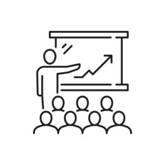 Aufkleber - Presentation and discussion, man speaker pointing on chart board with growing arrow isolated thin line icon. Vector presenter leader and workers managers brainstorming and recruiting, line art
