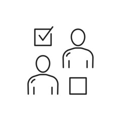 Aufkleber - Selecting hiring right employee, worker candidate isolated check in square thin line icon. Vector showing employable and suitable for job person, tick mark. Recruitment and human resource management