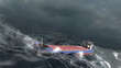 Cargo Ship swinging in stormy ocean,aerial
Sailing ship swinging on stormy sea waves, Rough ocean 
