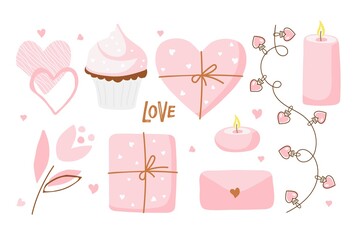 Wall Mural - St. Valentine's Day or Wedding decorative elements and Love text. Muffin, hearts, gifts, envelope, flower, candles, lights. Romantic illustrations set on white background. Love day vector cliparts.