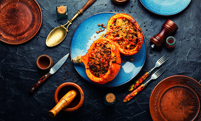 Wall Mural - Baked pumpkin with minced meat,flat lay