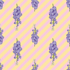 Poster - Delphinium flowers floral seamless pattern on pink yellow stripes