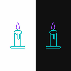 Sticker - Line Burning candle in candlestick icon isolated on white and black background. Cylindrical candle stick with burning flame. Colorful outline concept. Vector