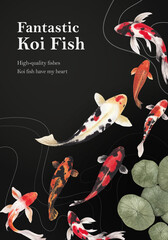 Wall Mural - Poster template with koi fish concept,watercolor style.