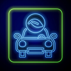 Poster - Glowing neon Eco car concept drive with leaf icon isolated on blue background. Green energy car symbol. Vector