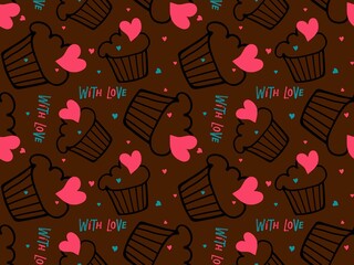 Wall Mural - Seamless pattern with Capcake scetch and with love lettering. St. Valentine's Day print on hearts dark brown background. Flat vector Valentine's Day design for textile, wrapping paper, wallpaper.