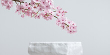 Cosmetic Background. Japanese Style Minimal Stone Podium And Cherry Blossom White Background For Product Presentation. 3d Rendering Illustration.