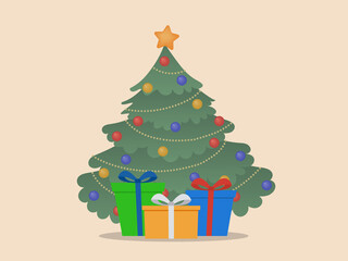 Wall Mural - Christmas tree with gift boxes. Merry Christmas and a happy new year background. Vector illustration