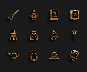 Wall Mural - Set line Magic lamp or Aladdin, stone ring with gem, Witches broom, hat, fog smoke, Mantle, cloak, cape, wand and Bottle love potion icon. Vector