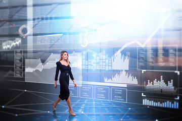 Poster - Businesswoman in dress walking, hud with arrows and bar chart ho