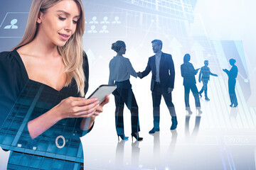 Poster - Businesswoman wearing formal suit is typing message on smartphone