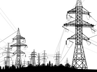  electric power black large pylons in forest on white