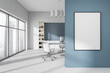 © ImageFlow - Bright office room interior with empty white poster, panoramic window