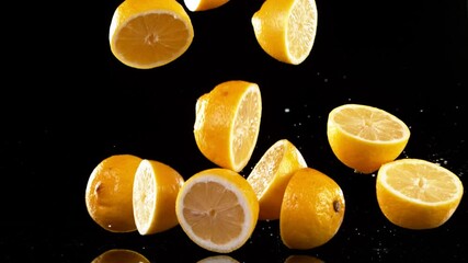 Poster - Super slow motion of fresh lemon falling, black background. Filmed on a high-speed cinematic camera at 1000 fps.