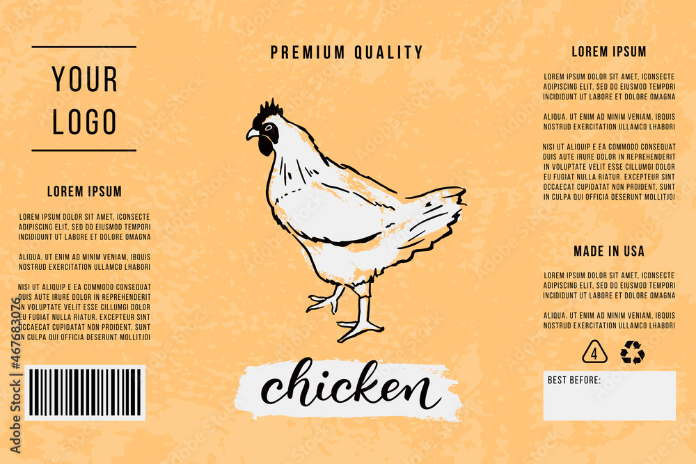 Chicken meat packaging design. Vector poultry meat label. Lettering and ...