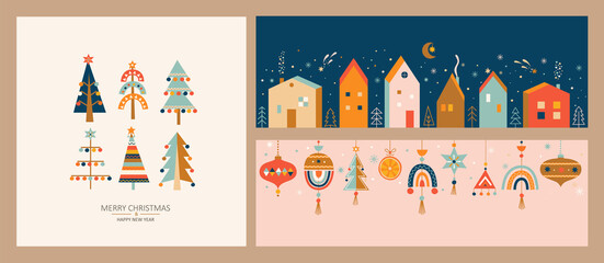 Christmas greeting cards.Horizontal banners with hand drawn isolated houses and christmas balls, christmas trees with toys in Scandinavian style. Xmas decor elements. Template for design,print.Vector