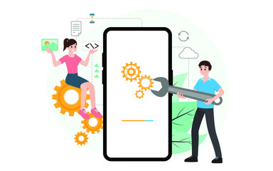 Wall Mural - IT administrator with software upgrade process on mobile. Digital system device administration, network upkeeping, smartphone systems configuration concept. System maintenance application vector.