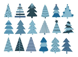  Modern blue Christmas tree set. Boho winter vector illustration. Cute navy blue alternative trees art.