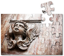 The Slow Faith Building Or Loss  - Concept With A Sculpture Of An Angel On A Wooden Door - Faith Building Or Loss Concept In Jigsaw Puzzle Shape
