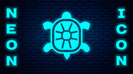 Poster - Glowing neon Turtle icon isolated on brick wall background. Vector