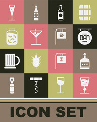 Poster - Set Wine glass, Alcohol drink Rum bottle, Street signboard with Bar, Beer, Martini, Pickled cucumbers jar, Glass of champagne and icon. Vector