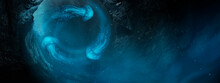 Underwater Fantasy World. The Dark Bottom Of The Ocean, The Abyss. Underwater Rocks And Tunnels. Underwater Landscape. Neon Sea Jellyfish At The Bottom Of The Sea. Dark Natural Marine Background. 3D 