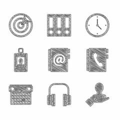 Sticker - Set Address book, Headphones, Hand for search people, Calendar, Identification badge, Clock and Target sport icon. Vector