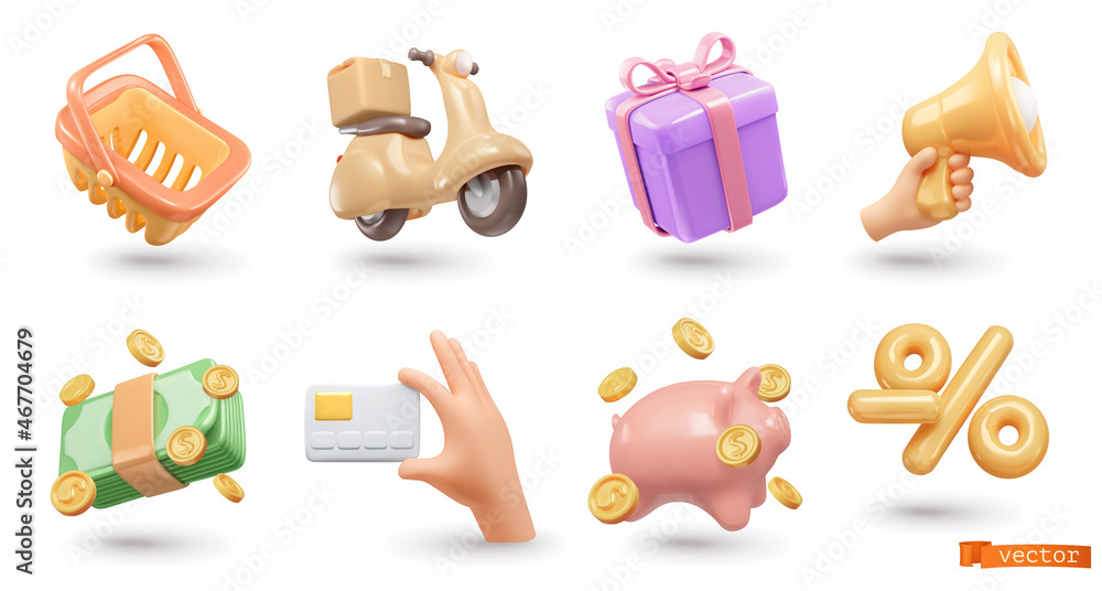Online shop 3d render realistic vector icon set. Basket, delivery, gift, promotion, payment, card, bonus, discounts