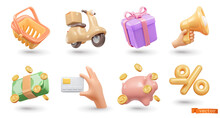 Online Shop 3d Render Realistic Vector Icon Set. Basket, Delivery, Gift, Promotion, Payment, Card, Bonus, Discounts