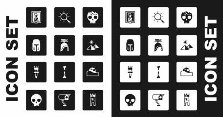 Sticker - Set Broken human skull, Roman army helmet, Medieval iron, Portrait in museum, Egypt pyramids, Magnifying glass, Human and Torch flame icon. Vector