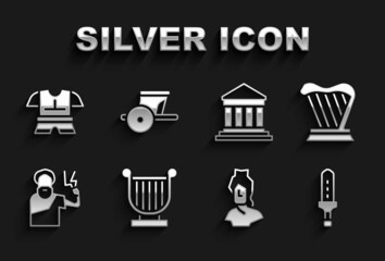 Poster - Set Ancient lyre, Harp, Medieval sword, bust sculpture, Zeus, Parthenon, Body armor and chariot icon. Vector