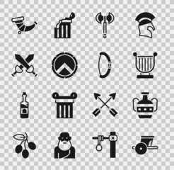 Sticker - Set Ancient chariot, amphorae, lyre, Medieval axe, Greek shield, Crossed medieval sword, Hunting horn and bow icon. Vector