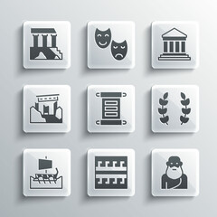 Sticker - Set Ancient Greek pattern, Socrates, Laurel wreath, Decree, parchment, scroll, trireme, ruins, Parthenon and icon. Vector