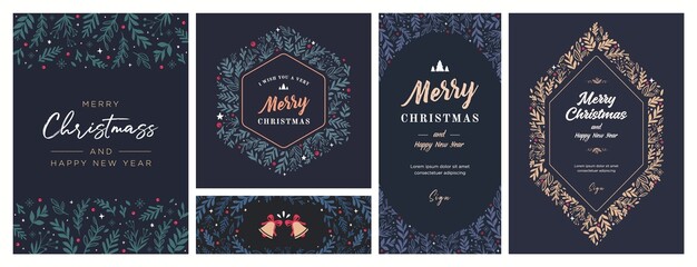 Set of Christmas and Happy New Year Floral Card templates. Trendy retro style. Vector design element.