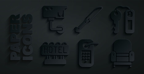 Canvas Print - Set Digital door lock, Hotel key, Signboard with text, Armchair, Knife and Security camera icon. Vector