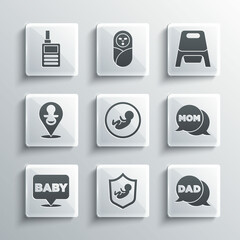 Wall Mural - Set Baby on shield, Speech bubble dad, mom, dummy pacifier, Monitor Walkie Talkie and potty icon. Vector