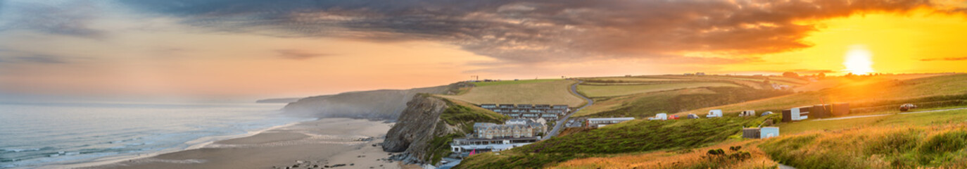 Sticker - Watergate Beach panorama at sunrise in Cornwall. UK