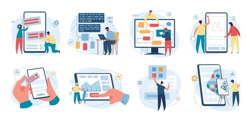 Web designer and programmer working on web development. Software developer writing code, programming software, developing app vector concept set. Computer coding, testing and fixing bugs