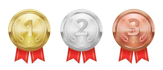 Realistic golden, silver and bronze medals, winner trophy award. Game champion prize badges, metal rewards with red ribbons vector set. First, second and third place in competition