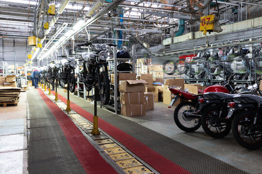 motorcycle factory, assembly line of motorcycles and scooters