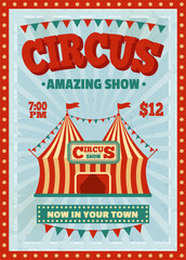 Vintage circus poster template, funfair invitation flyer. Retro amazing magic show invite banner, carnival event announcement vector illustration. Performance or festival advertisement