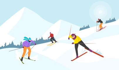 Happy man and woman ride skis in Alps. Winter mountain landscape with skiers. Blue sky, tops of rocks on background. Winter sport activities. Skiing resort. Vector illustration