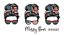 Messy Bun, Girl With Patriotic Messy Bun And Glasses, American Flag Bandana