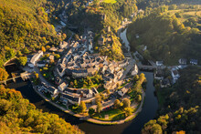 Aerial View Of Esch-sur-Sure Medieval Town In Luxembourg Famous For Its Ancient Castle. Forests Of Upper-Sure Nature Park, Meander Of Winding River Sauer, Near Upper Sauer Lake. Canton Wiltz.