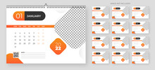 Calendar Design For 2022. Week Starts On Monday. Set Of 12 Calendar Pages Vector Design Print Template With Place For Photo And Company Logo. Desk Calendar Template With White Background.