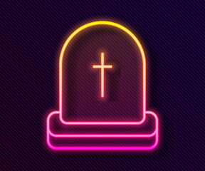 Sticker - Glowing neon line Tombstone with RIP written on it icon isolated on black background. Grave icon. Happy Halloween party. Vector