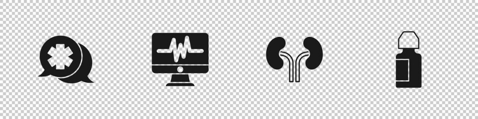 Sticker - Set Dialogue with the doctor, Monitor cardiogram, Human kidneys and Eye drop bottle icon. Vector