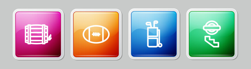 Sticker - Set line Wooden barrel, Rugby ball, Golf bag with clubs and London underground. Colorful square button. Vector