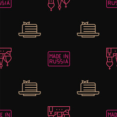 Sticker - Set line Saint Basil's Cathedral, Medovik and Made Russia on seamless pattern. Vector