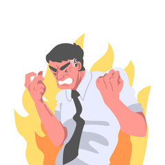 Poster - Furious Chief Screaming and Yelling in Anger with Burning Flame Behind Vector Illustration